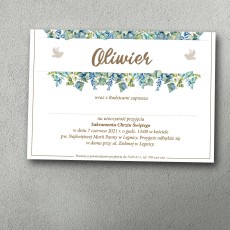 Zaproszenie na chrzest z zieloną ramką wokół imienia. Brązowe litery.