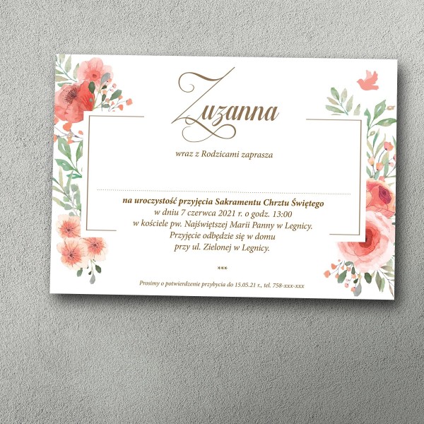 Zaproszenie na chrzest z czerwonymi makami dla dziewczynki.