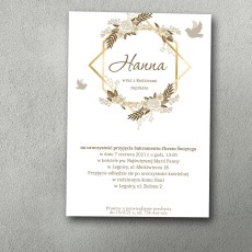 Zaproszenie na chrzest z nowoczesną ramką pośrodku, brązowymi listkami i beżowymi gołąbkami.