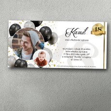 Zaproszenie na 18 urodziny „Czarne Złoto 18”, personalizowane, czarne balony i złoty emblemat, format DL.