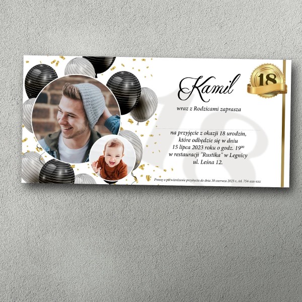 Zaproszenie na 18 urodziny „Czarne Złoto 18”, personalizowane, czarne balony i złoty emblemat, format DL.