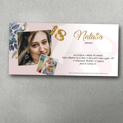 Zaproszenie na 18 – Pudrowy Urok 18 | Personalizowane ze zdjęciem