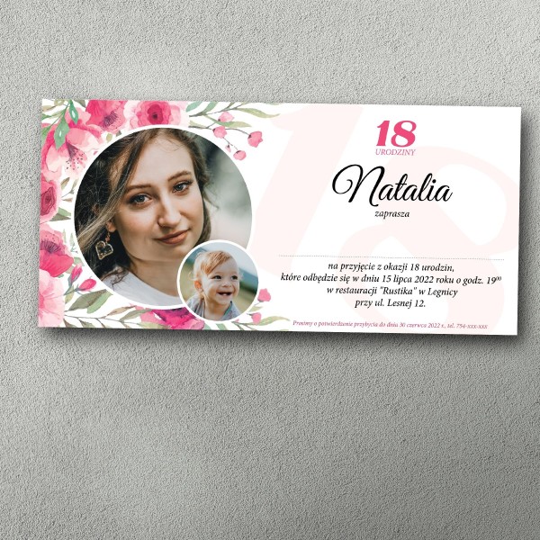Zaproszenie na 18 – Kwiatowa Różu 18 | Personalizowane