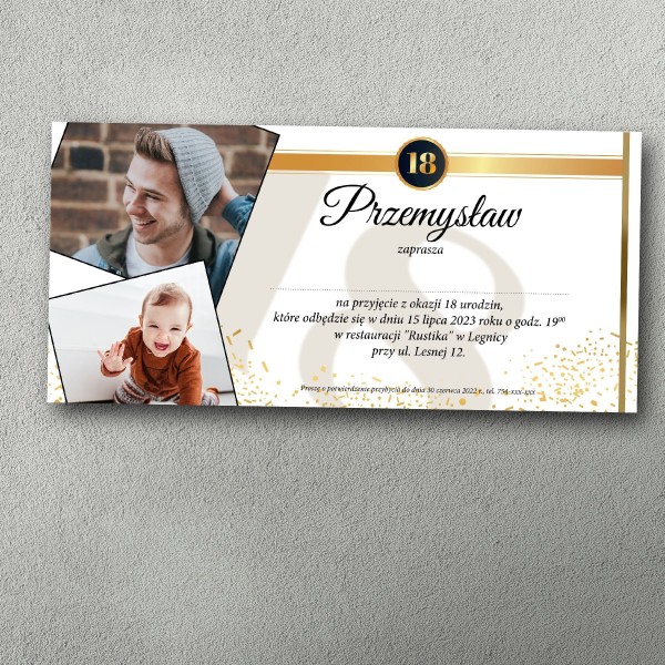 Zaproszenie na 18 – Konfetti Gold 18 | Personalizowane