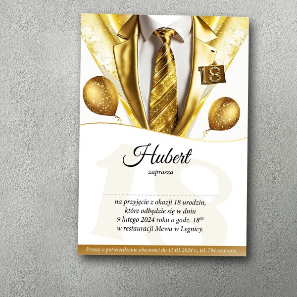 Luksusowe Zaproszenie na 18-tkę A6 – Złoty Garnitur i Balony