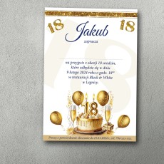 Eleganckie Zaproszenie na 18-tkę A6 – Złoty Tort i Balony