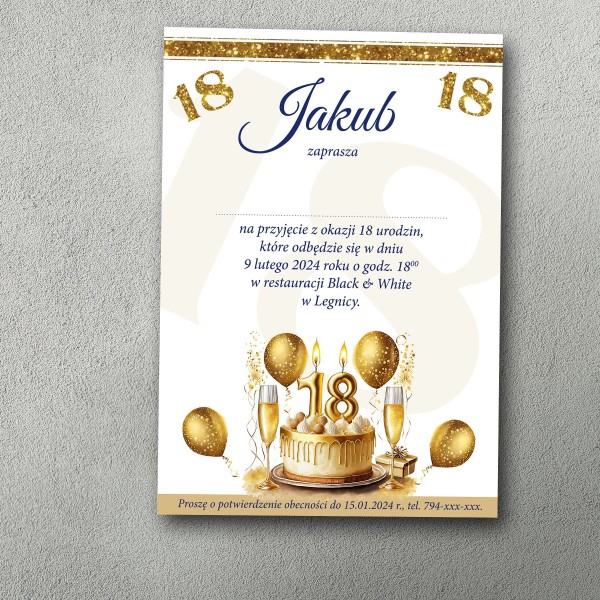 Eleganckie Zaproszenie na 18-tkę A6 – Złoty Tort i Balony