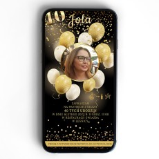 Zaproszenie elektroniczne na 40. lub inne okrągłe urodziny ze zdjęciem solenizanta w złotych balonach. Eleganckie złoto-czarne. 2