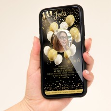 Zaproszenie elektroniczne na 40. lub inne okrągłe urodziny ze zdjęciem solenizanta w złotych balonach. Eleganckie złoto-czarne.
