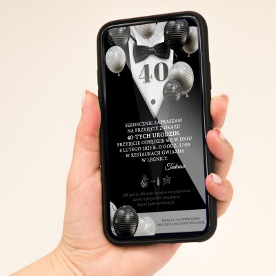 zaproszenie elektroniczne z motywem garnituru, czarna mucha, biała koszula