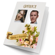 kartka ślubna personalizowana ze zdjęciem gratulacje kwiaty złota wstęga imiona