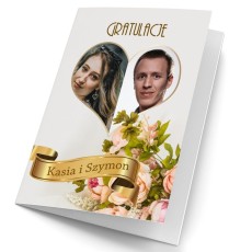 kartka ślubna personalizowana gratulacje złoty napis kwiaty zdjęcie para młoda