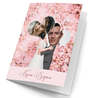 kartka ślubna personalizowana ze zdjęciem serce kwiaty imiona pary młodej