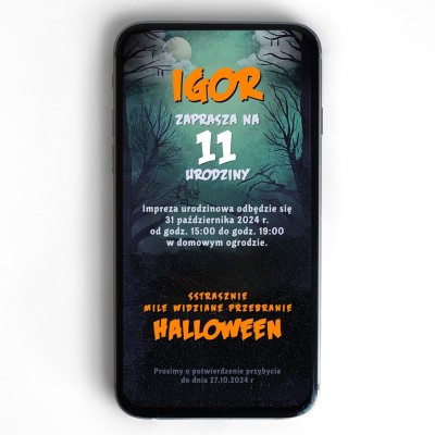 Zaproszenie elektroniczne z ciemnym lasem – halloween