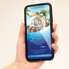 tropikalne zaproszenie elektroniczne z palmami i drinkami, morze, słońce