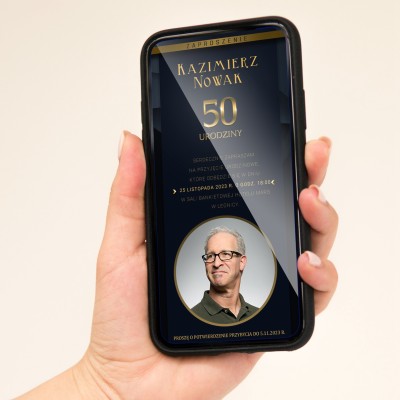 męskie zaproszenie elektroniczne na urodziny, zdjęcie, czarne, złoto