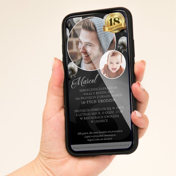 czarne zaproszenie elektroniczne z dwoma zdjęciami