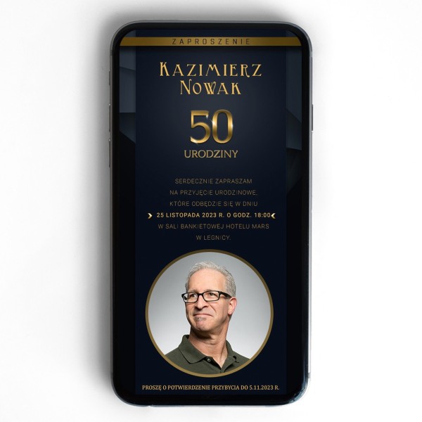 Eleganckie zaproszenie elektroniczne na urodziny ze zdjęciem, granatowe ze złotymi elementami.