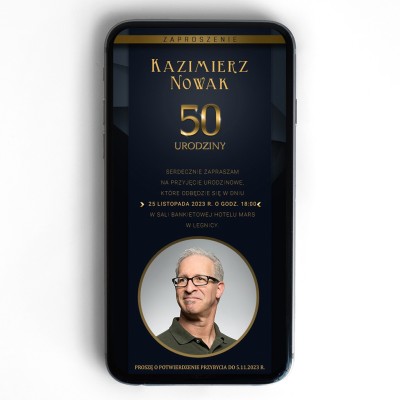Eleganckie zaproszenie elektroniczne na urodziny ze zdjęciem, granatowe ze złotymi elementami.