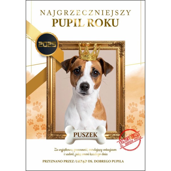 Certyfikat Najgrzeczniejszy Pupil Roku, personalizowana pamiątka dla psa