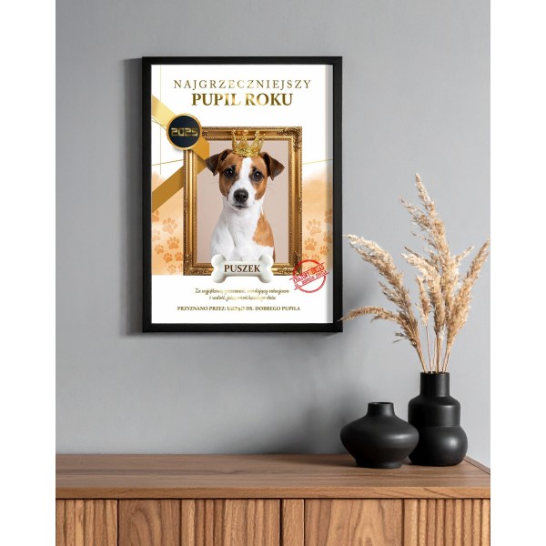Certyfikat Najgrzeczniejszy Pupil Roku, personalizowana pamiątka dla psa