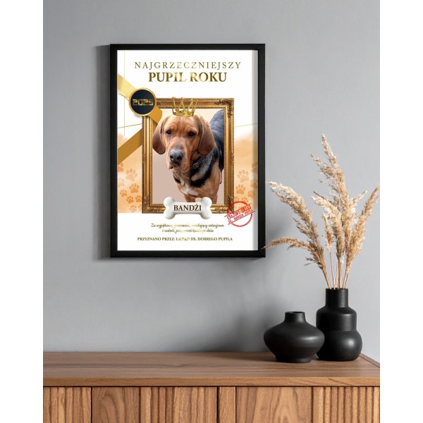 Certyfikat Najgrzeczniejszy Pupil Roku, personalizowana pamiątka dla psa