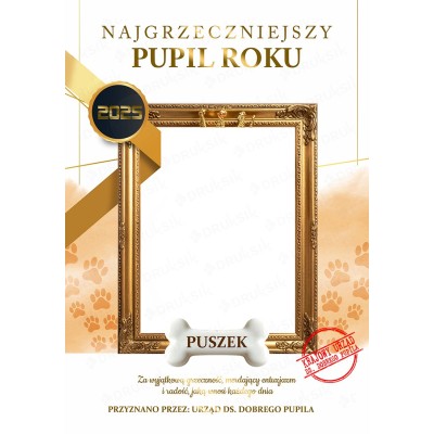Certyfikat Najgrzeczniejszy Pupil Roku z odciskiem łapek psa