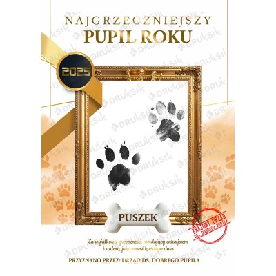 Certyfikat Najgrzeczniejszy Pupil Roku z odciskiem łapek psa