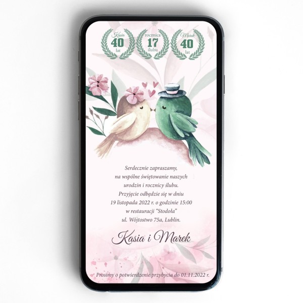 zaproszenie elektroniczne z zakochanymi ptaszkami