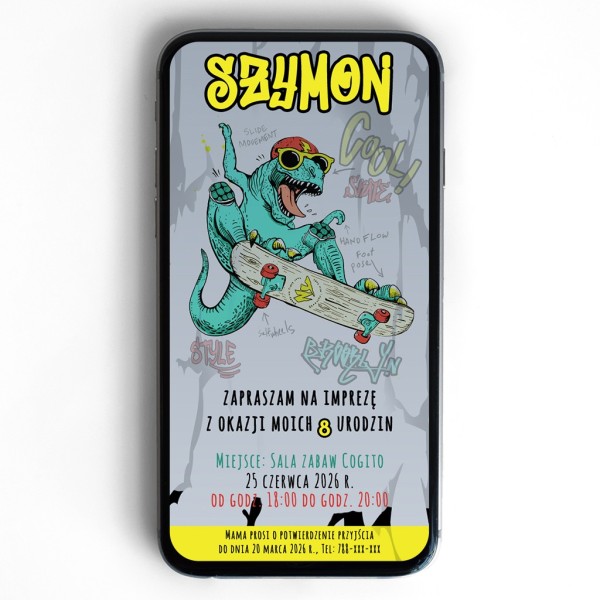 dziecięce zaproszenie elektroniczne z deskorolką