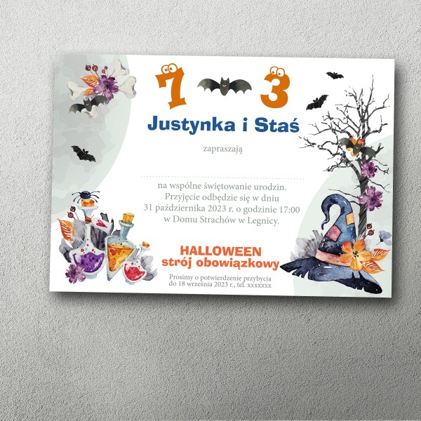 zaproszenie na podwójne urodziny halloween dzieci magiczna noc grafika