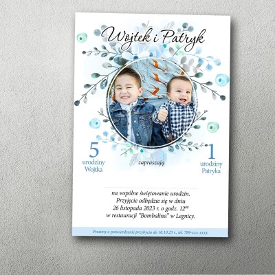 Zaproszenie na podwójne urodziny Błękitna Chwila ze zdjęciem dwóch dzieci