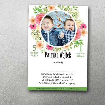 Zaproszenie na podwójne urodziny Wiosenny Blask ze zdjęciem dwóch dzieci