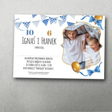 Zaproszenie na podwójne urodziny Błękitna Radość ze zdjęciem dwóch jubilatów