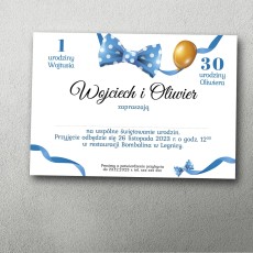 Zaproszenie na podwójne urodziny Chabrowa Mucha ze zdjęciem dwóch jubilatów