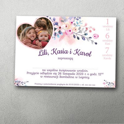 Zaproszenie na podwójne urodziny Serce w Kwiatach ze zdjęciem – kwiatowy motyw i serce, personalizowane