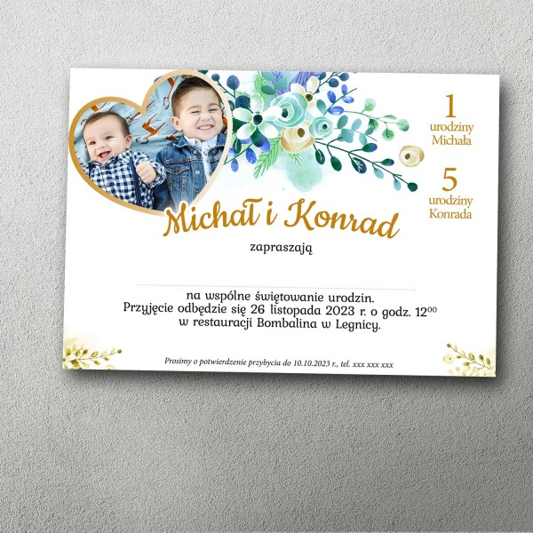 Zaproszenie na podwójne urodziny Złote Serce ze zdjęciem – elegancki wzór na wspólne urodziny dzieci lub dorosłych