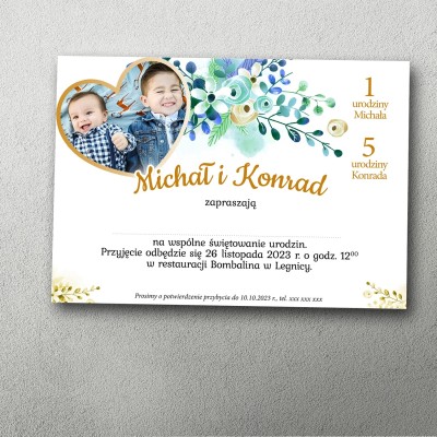 Zaproszenie na podwójne urodziny Złote Serce ze zdjęciem – elegancki wzór na wspólne urodziny dzieci lub dorosłych