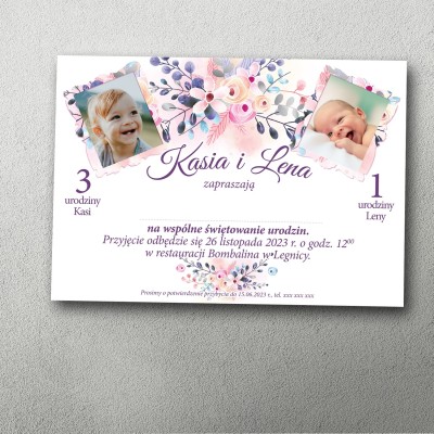 Zaproszenie na podwójne urodziny „Różany Poranek” ze zdjęciem – pastelowa kwiatowa grafika