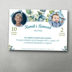 zaproszenie na podwójne urodziny ze zdjęciem leśne duo zielone liście