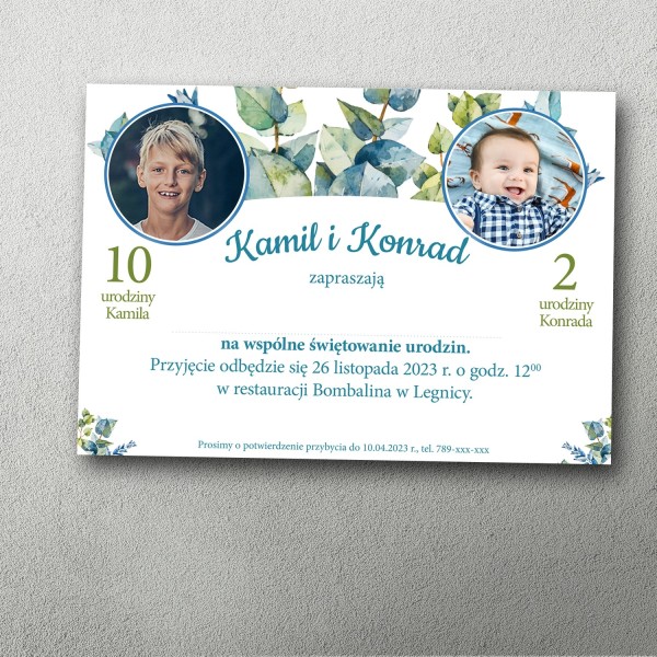 zaproszenie na podwójne urodziny ze zdjęciem leśne duo zielone liście