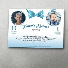 zaproszenie na podwójne urodziny ze zdjęciem niebieska chmurka z kokardką, zdjęciami w rogach