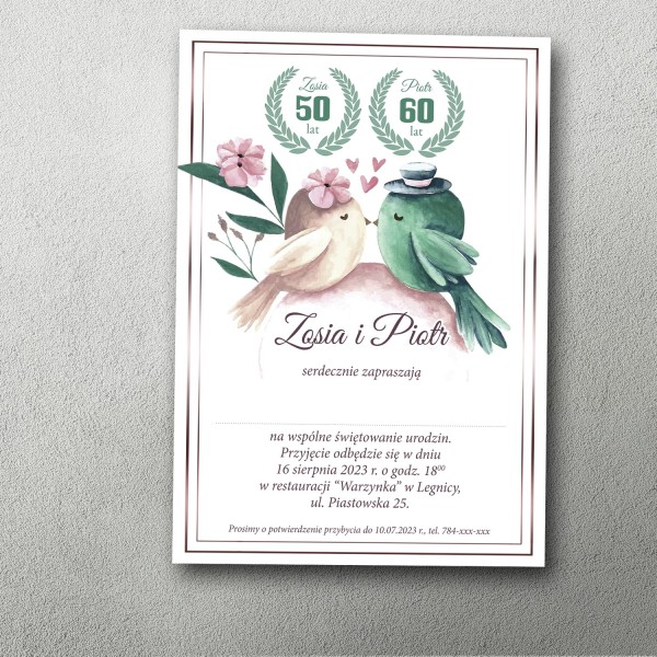 zaproszenie na podwójne urodziny ze zdjęciem ptaki pastelowa ilustracja