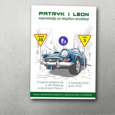 Urodzinowe zaproszenie 2 w 1 dla ojca i syna , auto, znaki drogowe
