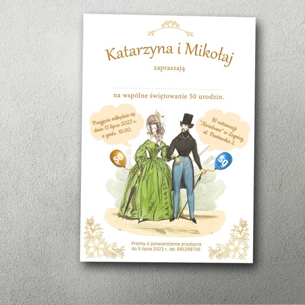 zaproszenie na podwójne urodziny retro ilustracja elegancka para