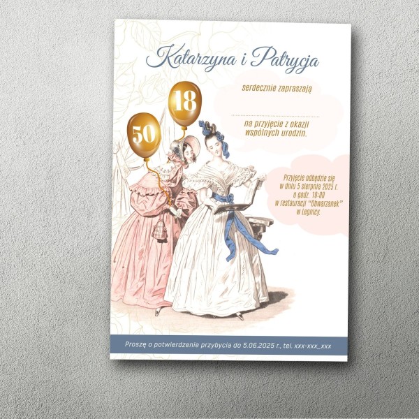 Zaproszenie z dwiema damami z książką i balonami z cyframi.