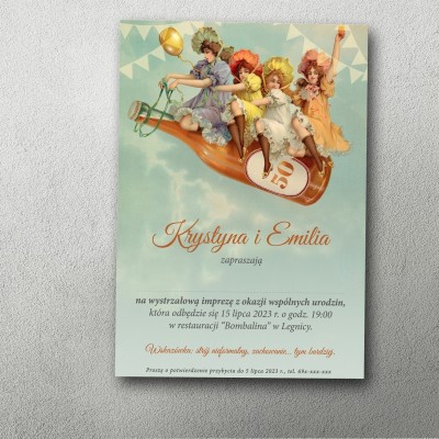 Kobiety w kapeluszach na butelce szampana, styl retro.