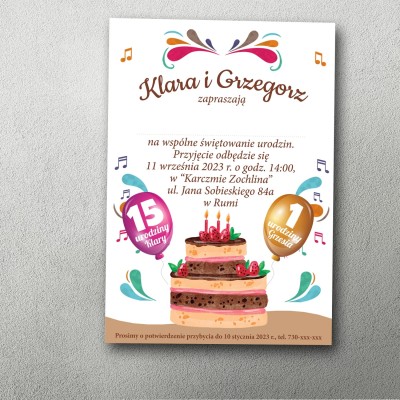 zaproszenie na podwójne urodziny ilustracja tort muzyczne nutki kolorowe