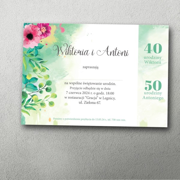 zaproszenie na podwójne urodziny botaniczne zielone liście akwarela