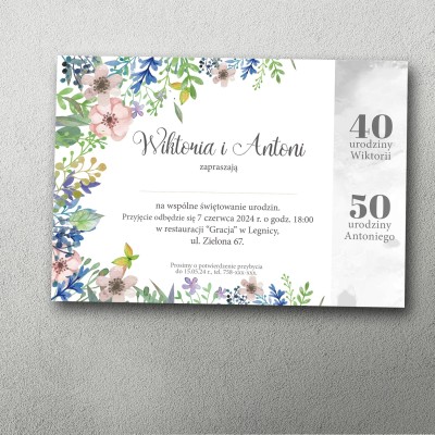 zaproszenie na podwójne urodziny kolorowe kwiatowe barwna grafika